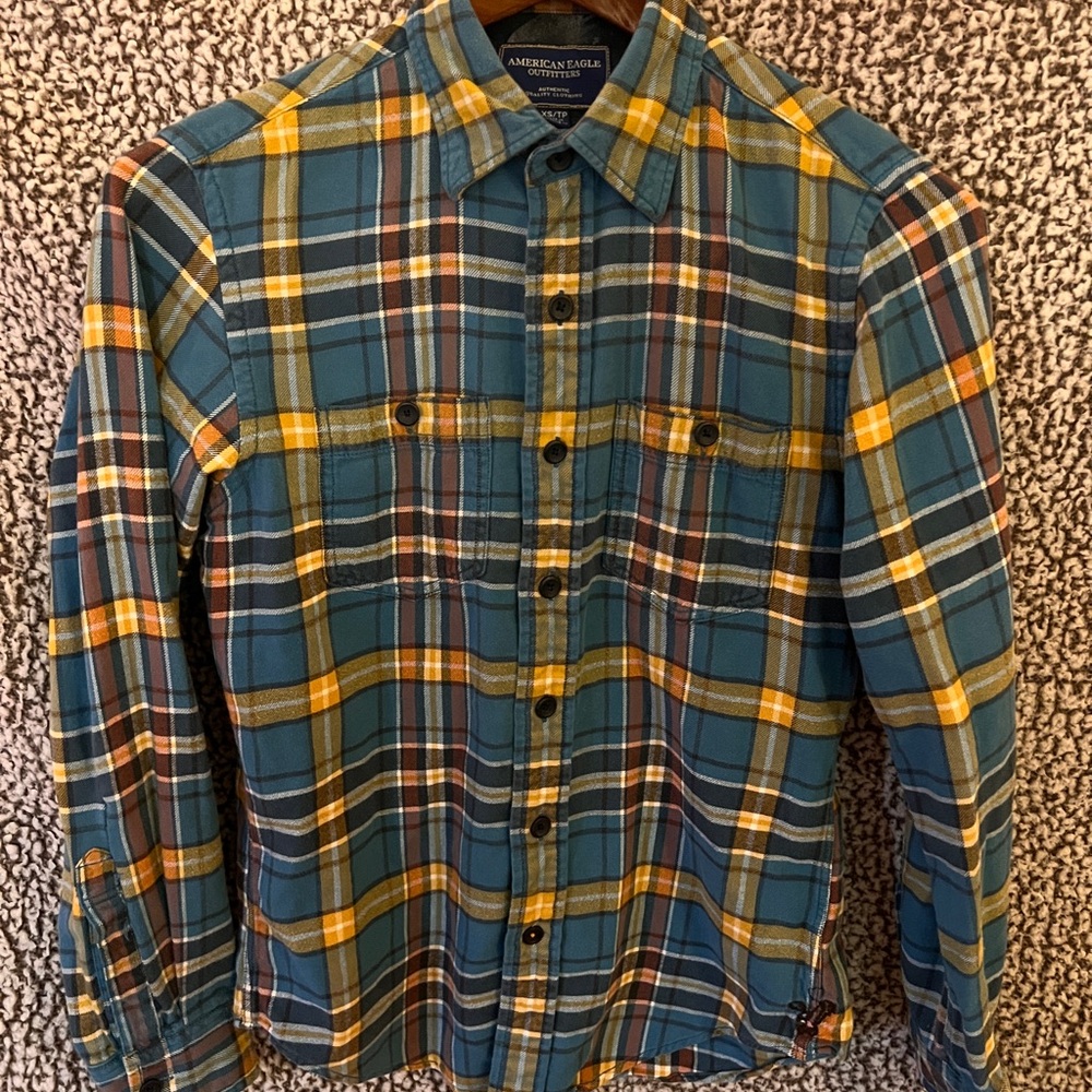 American Eagle Outfitters Men's Plaid Jacket - Blue and Yellow